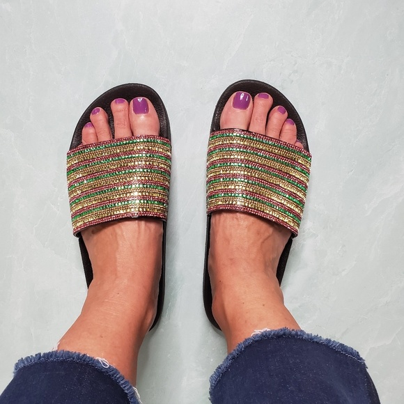 New! Liliana Multi Color Stripe Sequin Slides - Picture 3 of 5
